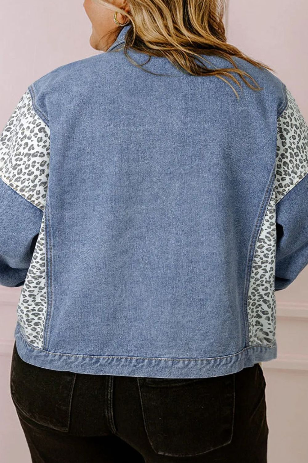 Plus Size Leopard Long Sleeve Denim Jacket