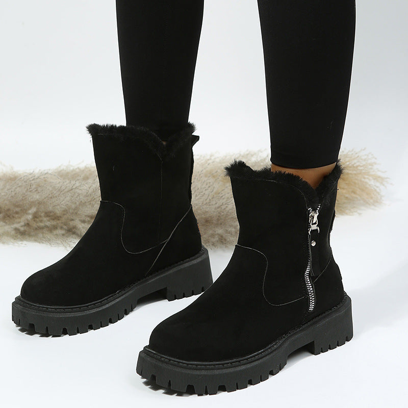 Faux Fur Zipped Boots-Black