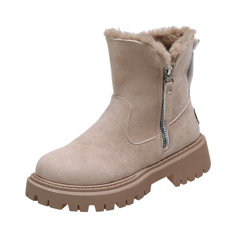 Faux Fur Zipped Boots-Beige