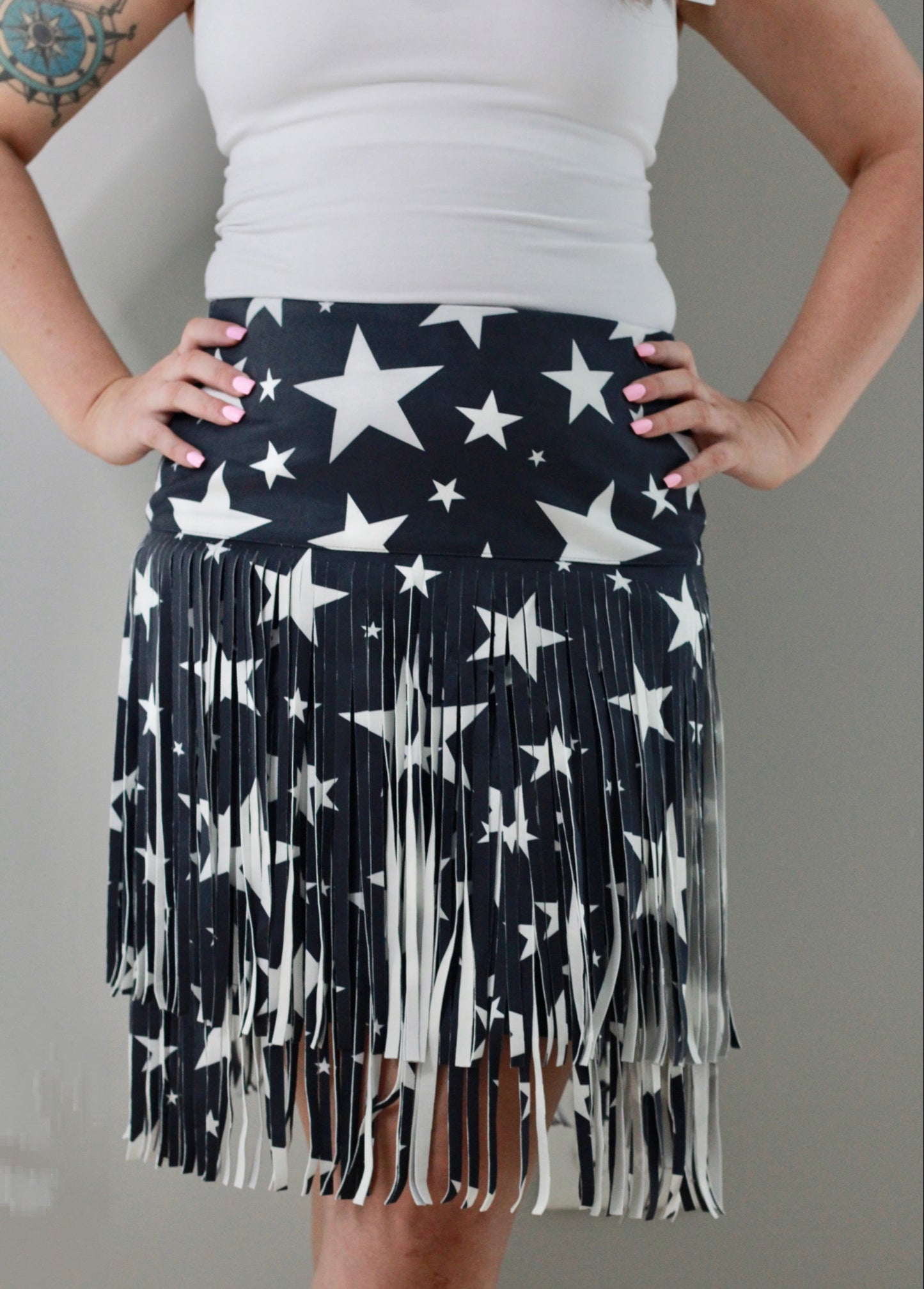 L&B Lucky and Blessed Blue Faux Suede Star Fringe Skirt