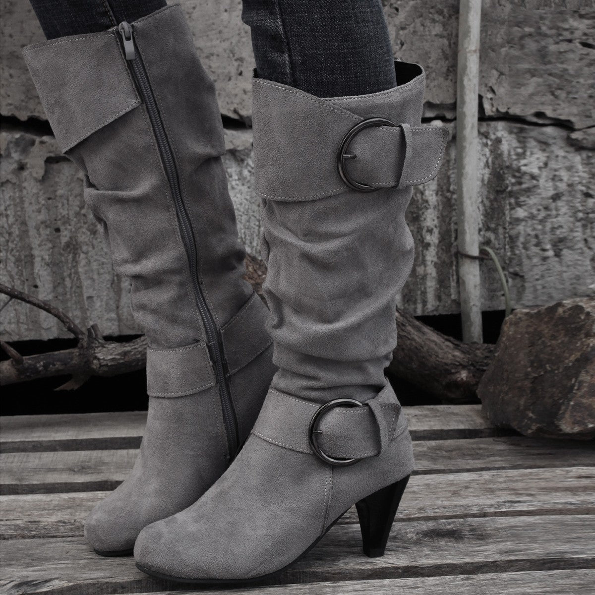 Pointed Toe Buckle Decor Zipper Heeled Boots