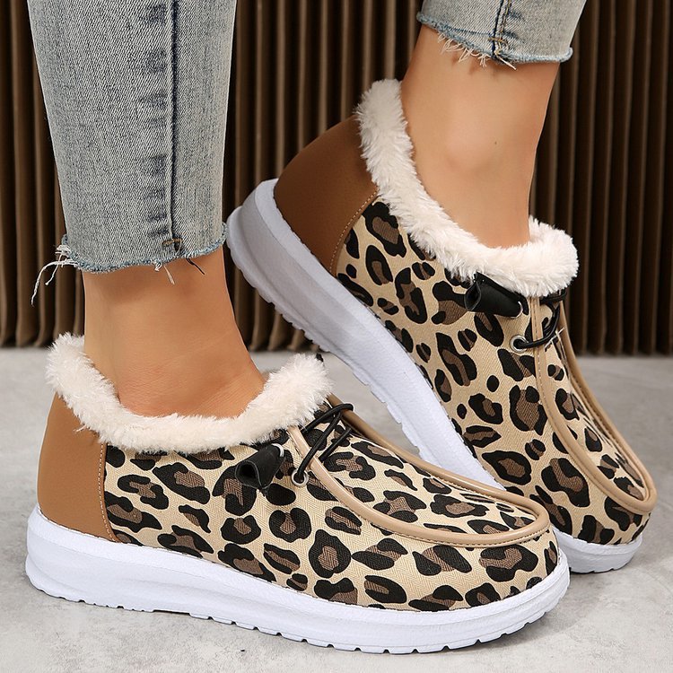 Leopard-Print Fleece Flat Slip-On Loafers