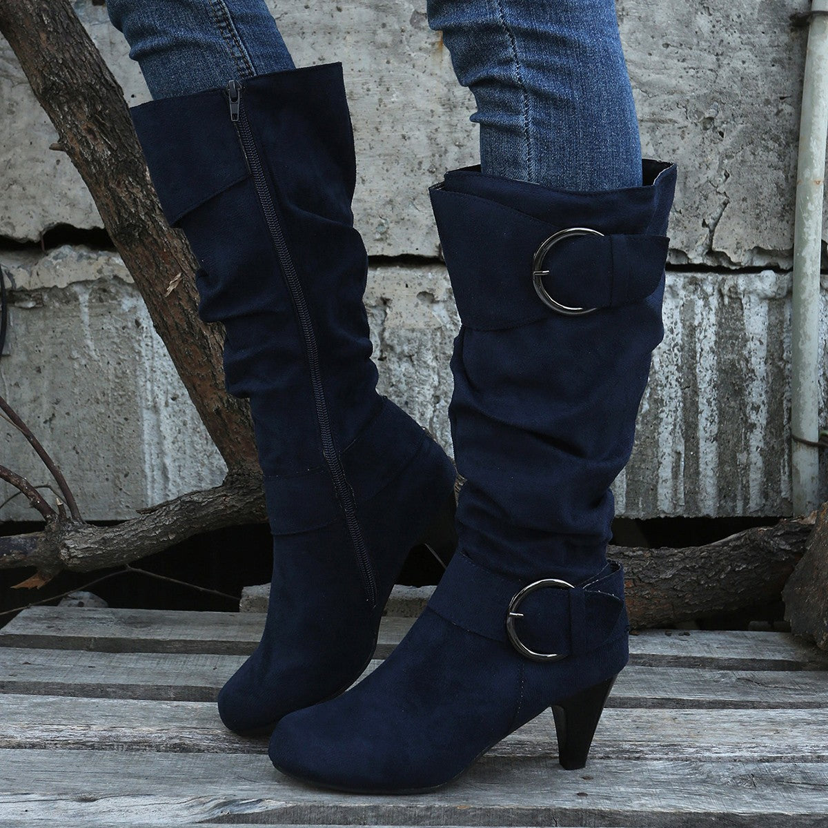 Pointed Toe Buckle Decor Zipper Heeled Boots