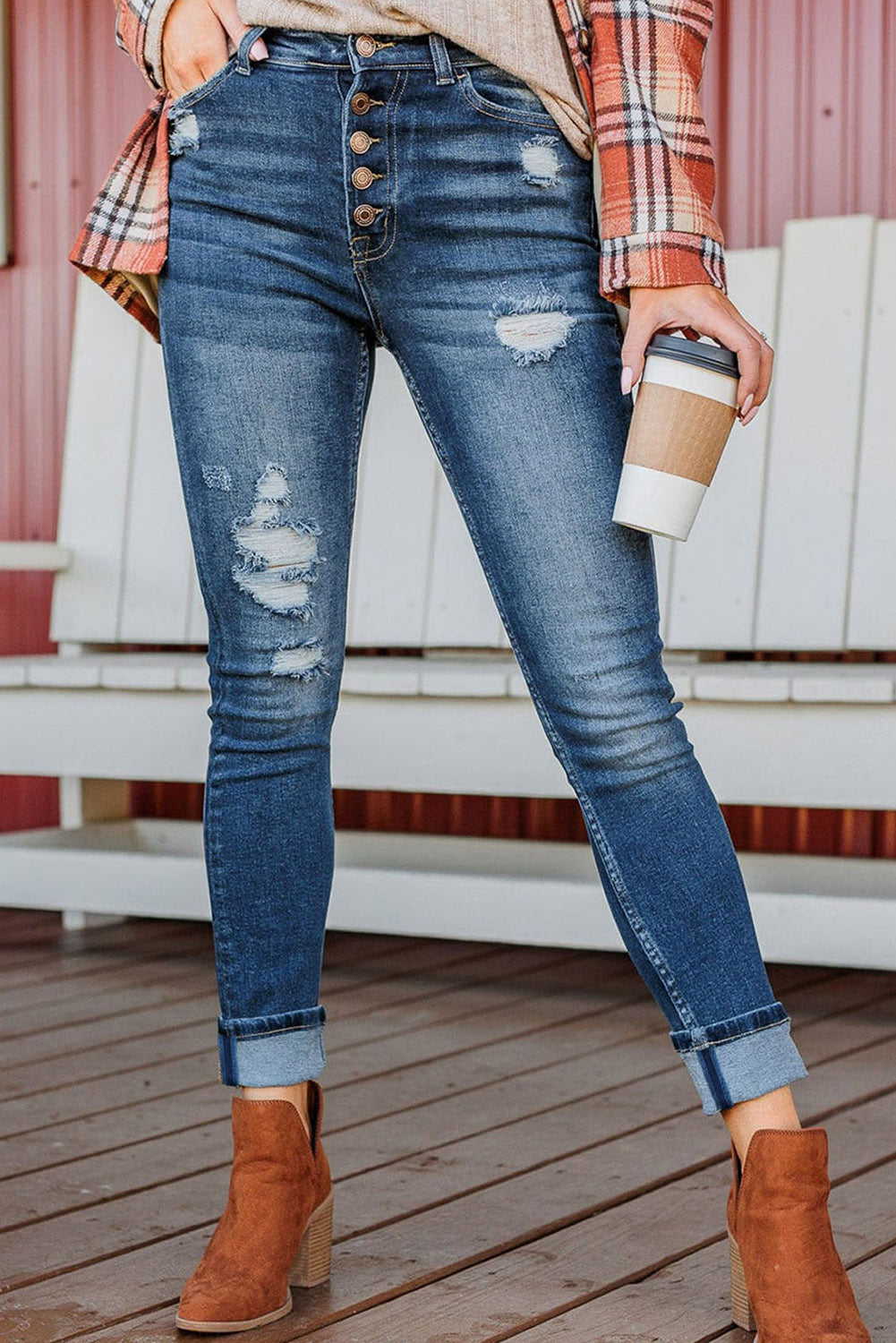 Distressed Button Fly High Waist Skinny Jeans