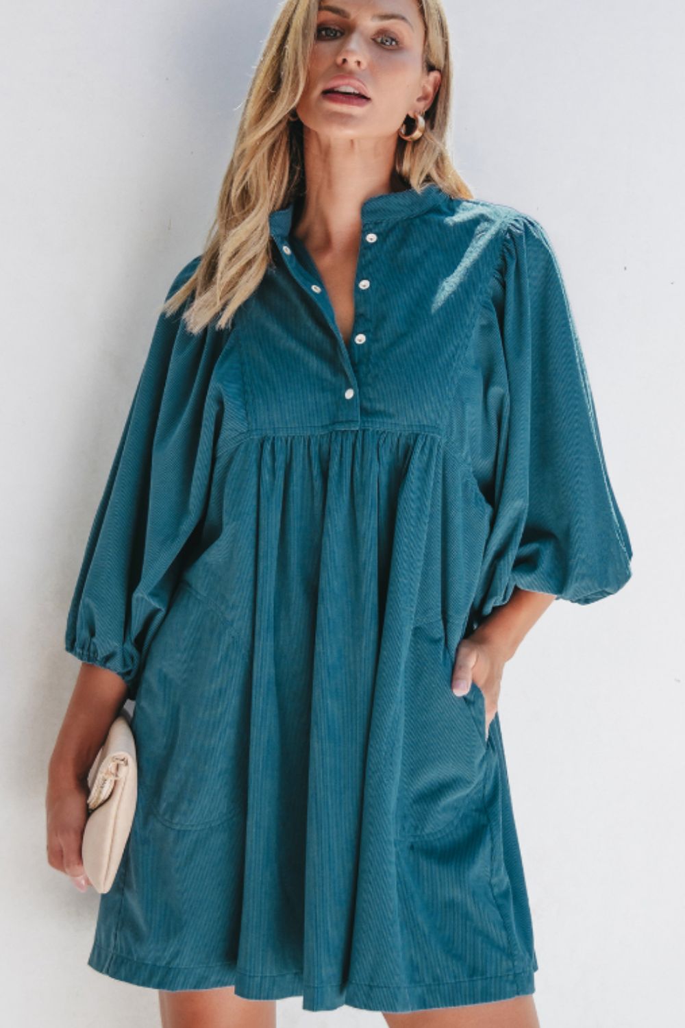 Corduroy Quarter Snap Three-Quarter Sleeve Dress