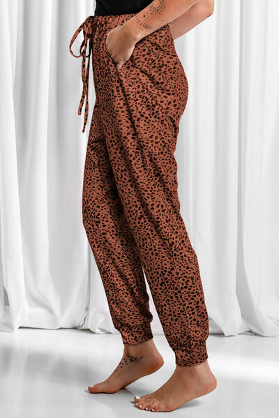 Full Size Leopard Drawstring Pocketed Pants